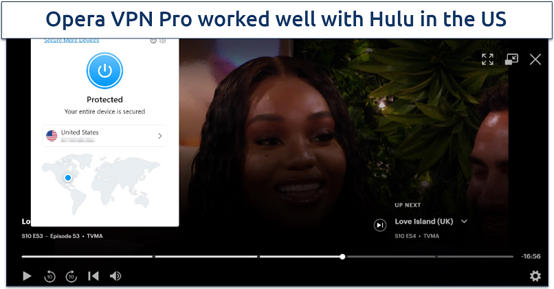 Screenshot of Hulu player streaming Love Island while connected to a US Opera VPN Pro server