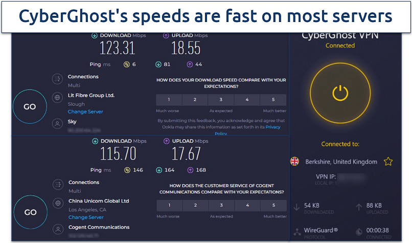 Screenshot of a speed test showing rates not connected to the VPN vs connected to a server in Los Angeles