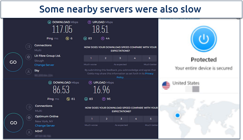 Screenshot of a speed test showing rates not connected to the VPN vs connected to a server in New York