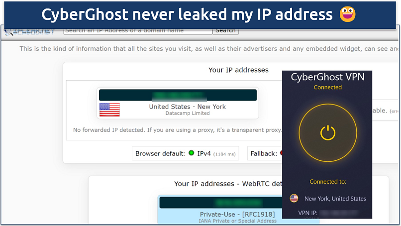 Screenshot of tests done on ipleak.net while connected to a US CyberGhost server