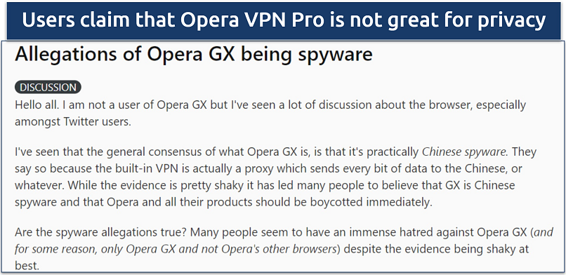 Screenshot of Reddit thread claiming Opera GX is owned by a Chinese company