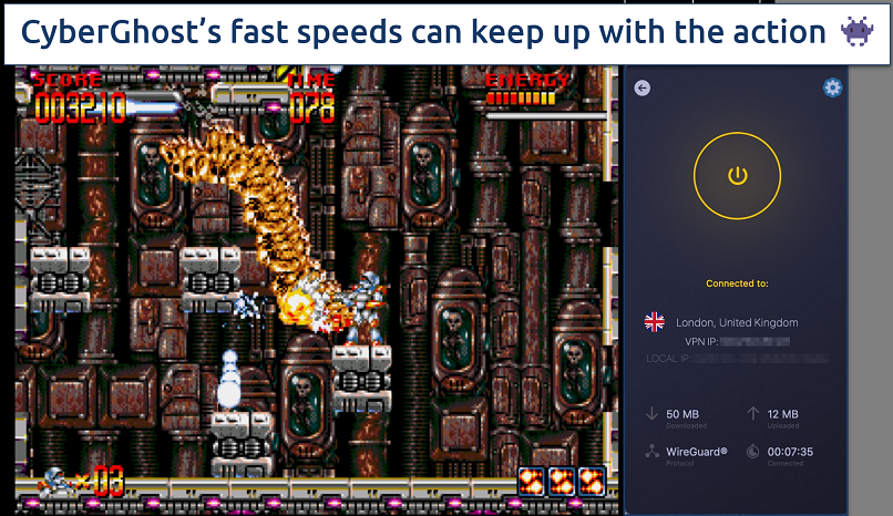 Screenshot showing the CyberGhost app over an online retro game