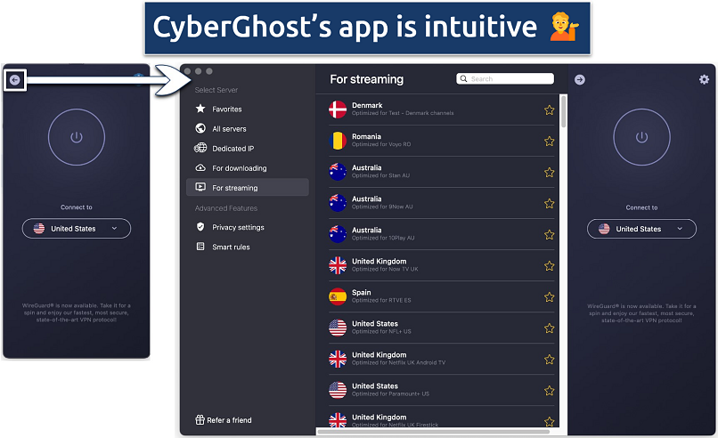 Screenshot showing the CyberGhost app