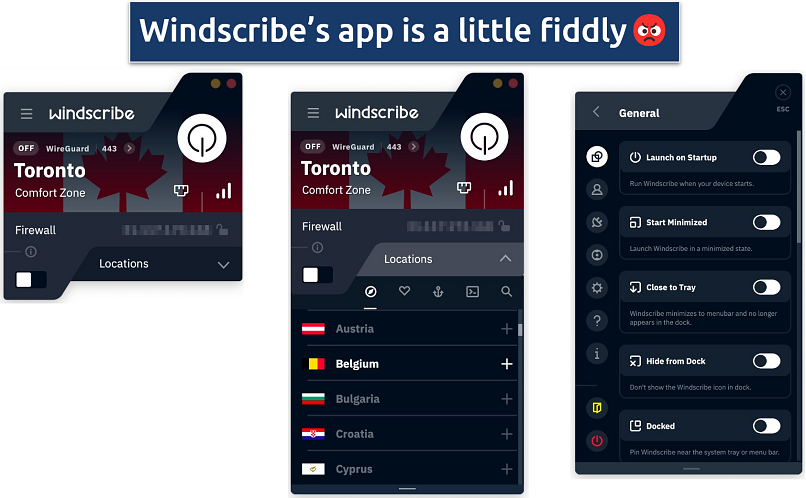 Screenshot showing the Windscribe app