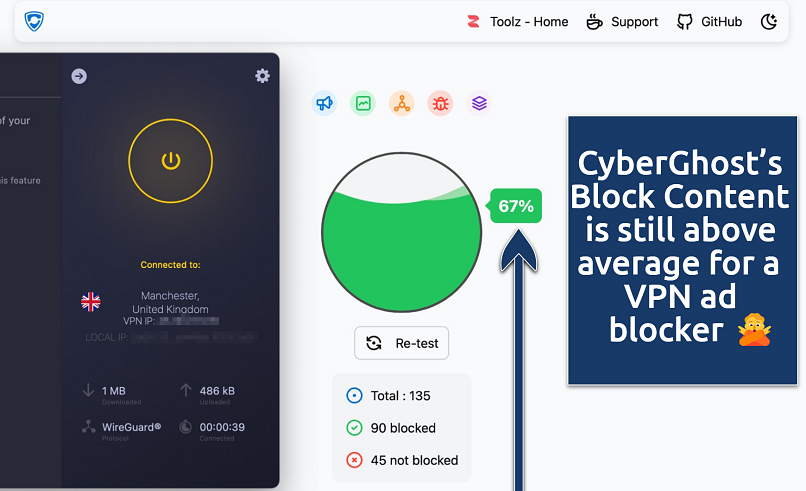 Screenshot showing the CyberGhost app over on online ad and tracker blocker test tool