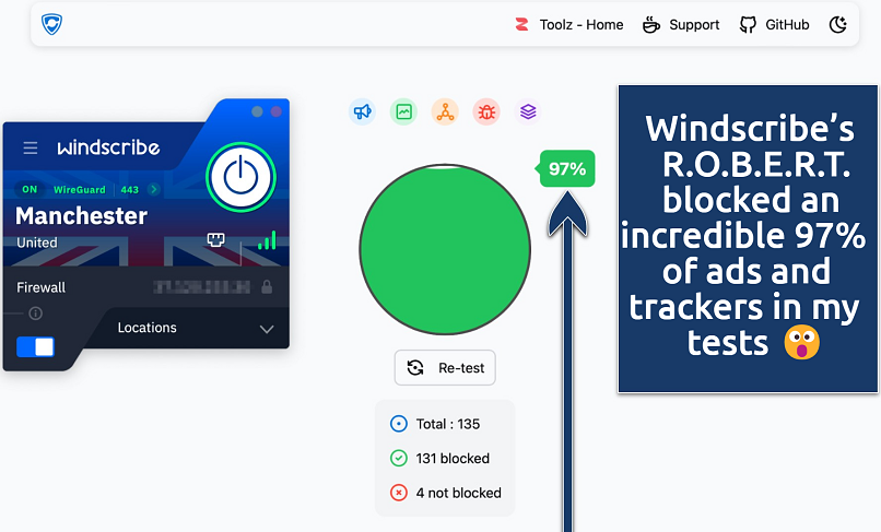Screenshot showing the Windscribe app over on online ad and tracker blocker test tool