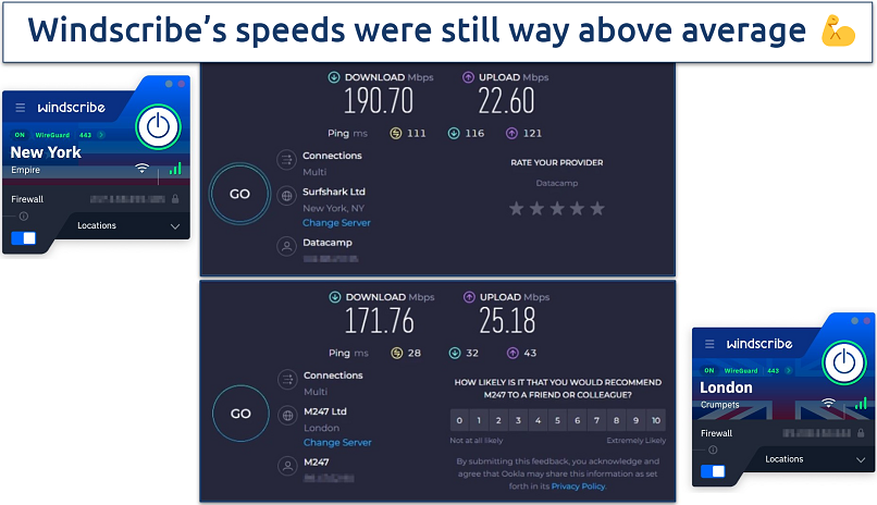 Screenshot showing speed tests of Windscribe while connected to servers in the US and UK