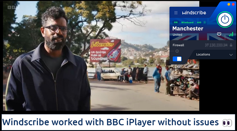 Screenshot showing the Windscribe app connected to a Manchester UK server over a browser streaming BBC iPlayer