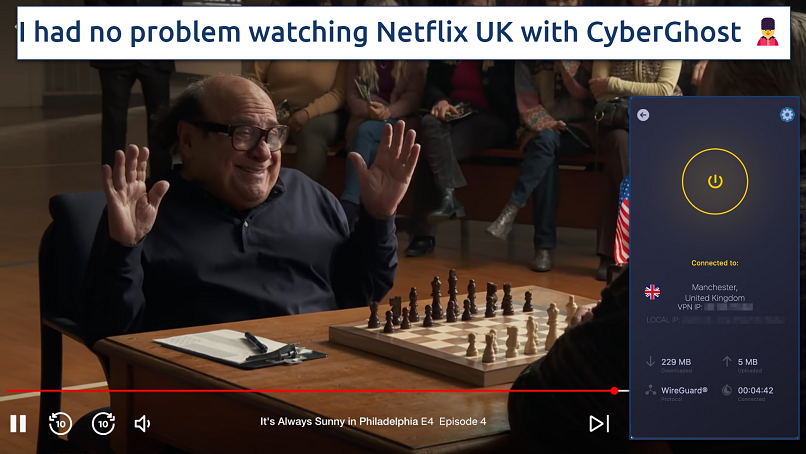 Screenshot showing the CyberGhost app over a browser streaming Netflix