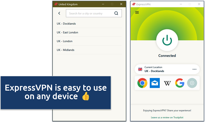 Screenshot of ExpressVPN's Windows app connected to a UK server