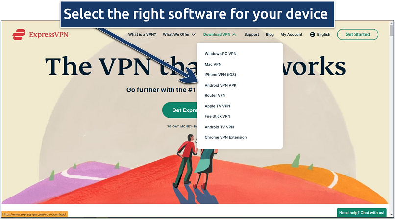 Screenshot of ExpressVPN's website homepage with the option to choose your device or operating system