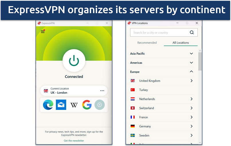 Screenshot of ExpressVPN's UI and server list