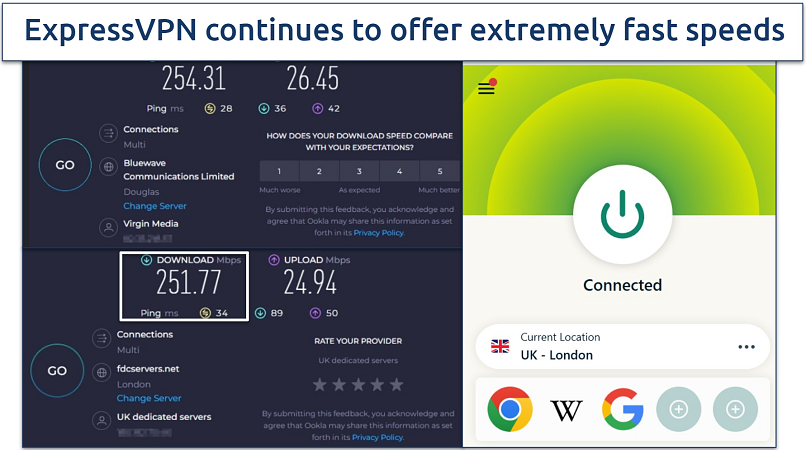 Screenshot of a speed test showing rates not connected to the VPN vs connected to a server in London