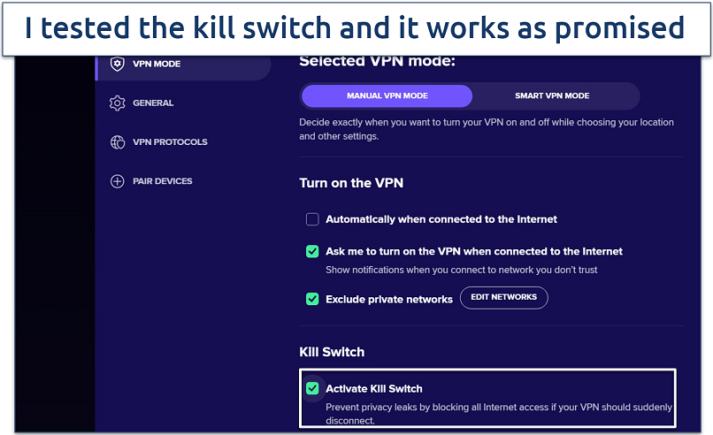 Screenshot of Avast's Windows settings showing the kill switch options