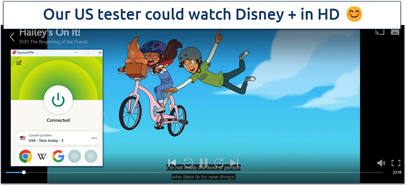 Screenshot of Disney + player streaming Hailey's On It  while connected to a server in the US