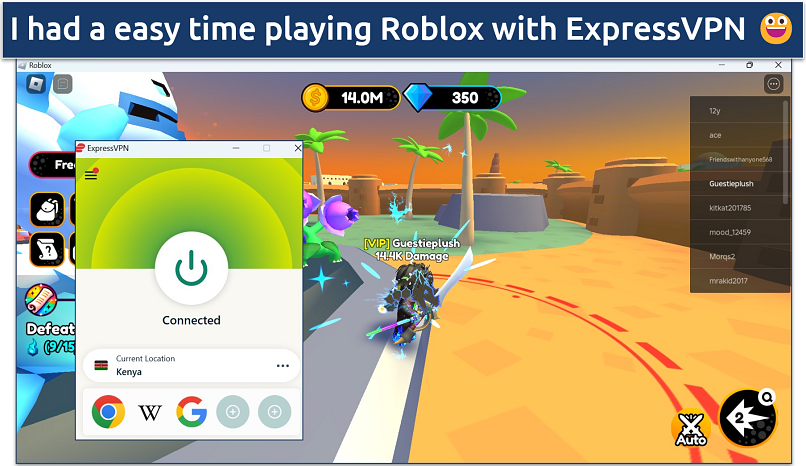 Screenshot of Roblox being played while connected to ExpressVPN's server in Kenya