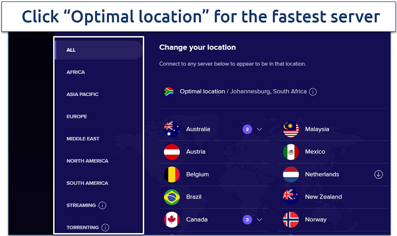 Screenshot of Avast SecureLine's Windows dashboard showing the list of servers