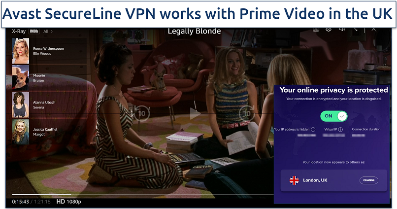 Screenshot of Max player streaming Legally Blonde while connected to a server in the UK