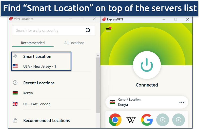 Screenshot of ExpressVPN's Windows dashboard showing Smart Location