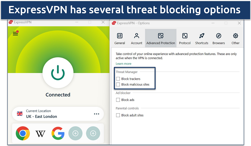 Screenshot of ExpressVPN's Windows settings showing ad and malware blocker