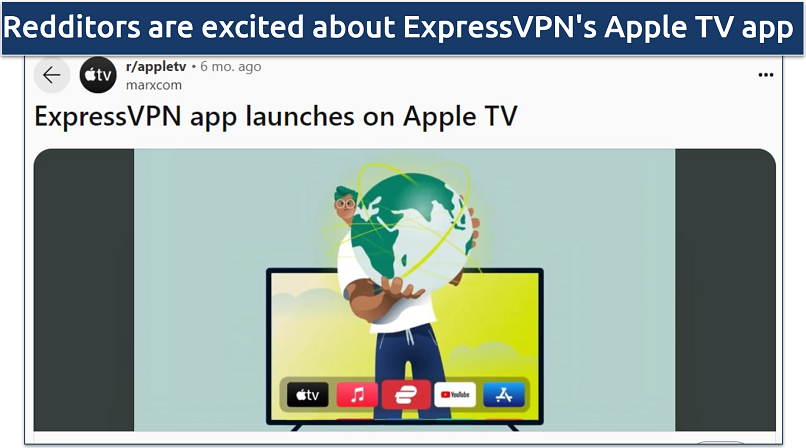 Screenshot of a Reddit thread showing the launch of ExpressVPN's Apple TV app