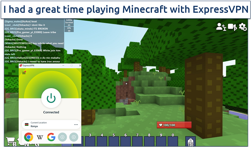 Screenshot of Minecraft being played while connected to ExpressVPN server in Kenya