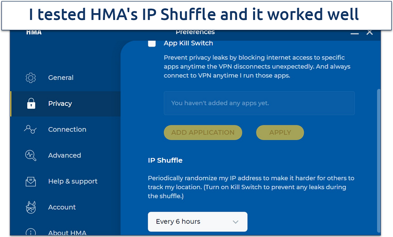 Screenshot of HMA's Windows settings showing IP Shuffle