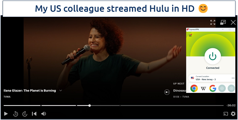 Screenshot of Hulu player streaming Ilana Glacer: The Planet is Burning while connected to a server in the US