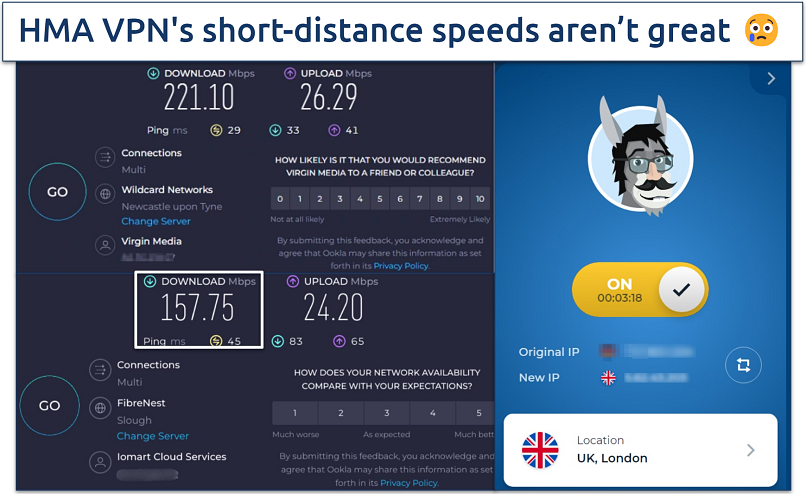 Screenshot of Ookla speed tests conducted with a HMA VPN server in the Uk