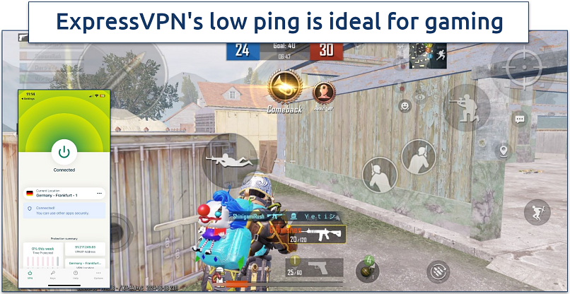 Screenshot of PUBG gameplay with ExpressVPN connected