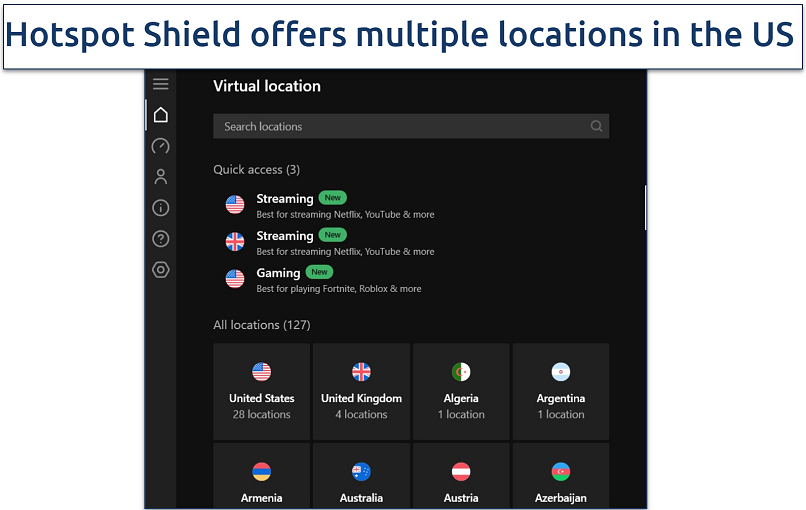 Screenshot showing a list of Hotspot Shield's servers
