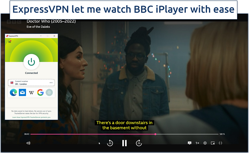 Screenshot of Doctor Who streaming on BBC iPlayer with ExpressVPN connected