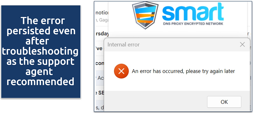 Screenshot of Smart DNS Proxy's Windows dashboard showing a login error