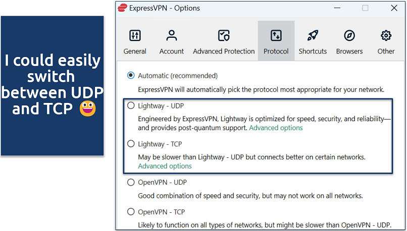 Screenshot of ExpressVPN's Windows settings showing protocol options