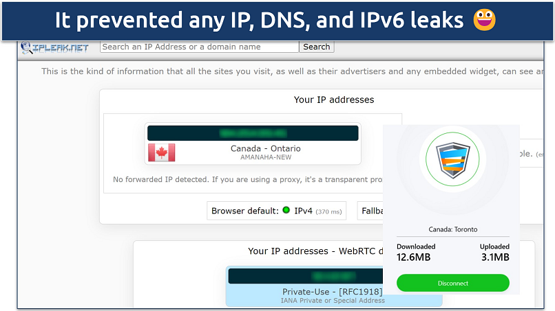 Screenshot IP Leak test showing Smart DNS Proxy preventing all leaks