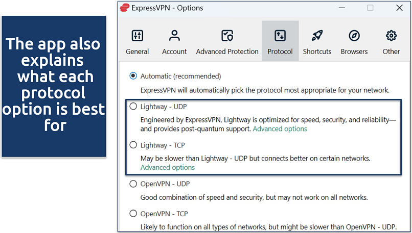 Screenshot of ExpressVPN's Windows settings showing protocol options