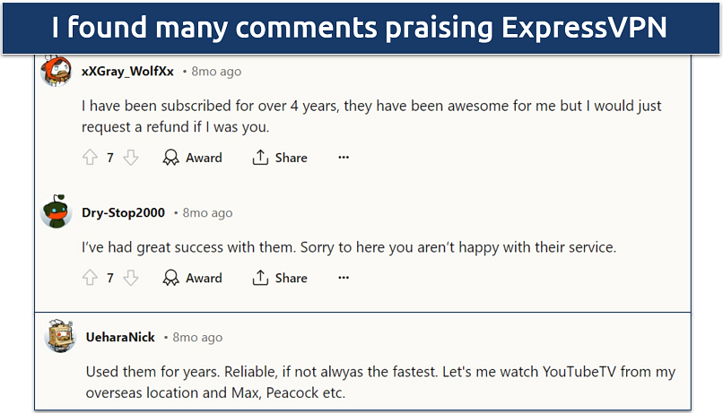 Screenshot of Reddit comments with positive comments about ExpressVPN