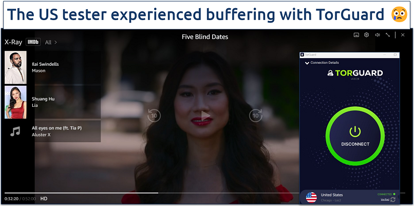 Screenshot of Prime Video player streaming Five Blind Dates while connected to a server in the US