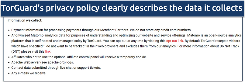 Screenshot of TorGuard's privacy policy showing the data it collects