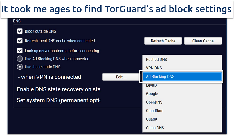 Screenshot of TorGuard's Windows app showing how to activate ad blocker