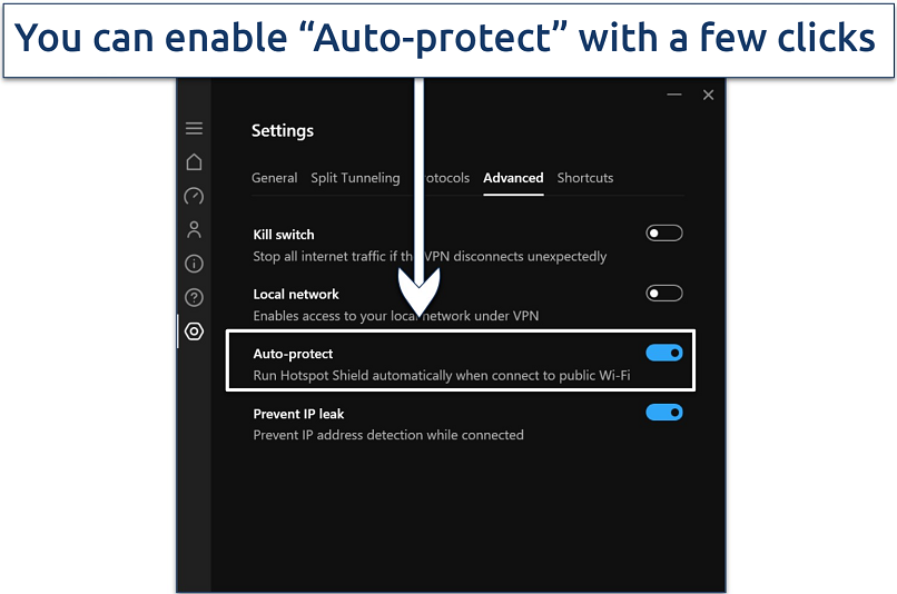 Screenshot showing how to enable Hotspot Shield's 
