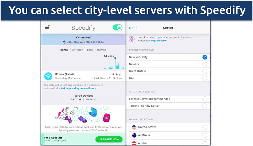 Screenshot of Speedify's server network