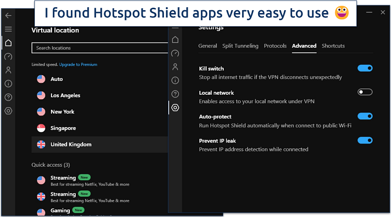 Screenshot of Hotspot Shield's free Windows app