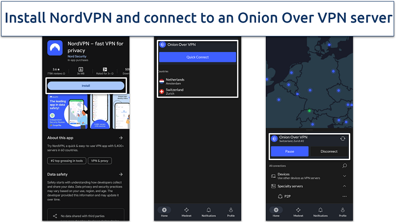 Screenshot of the NordVPN Onion Over VPN servers