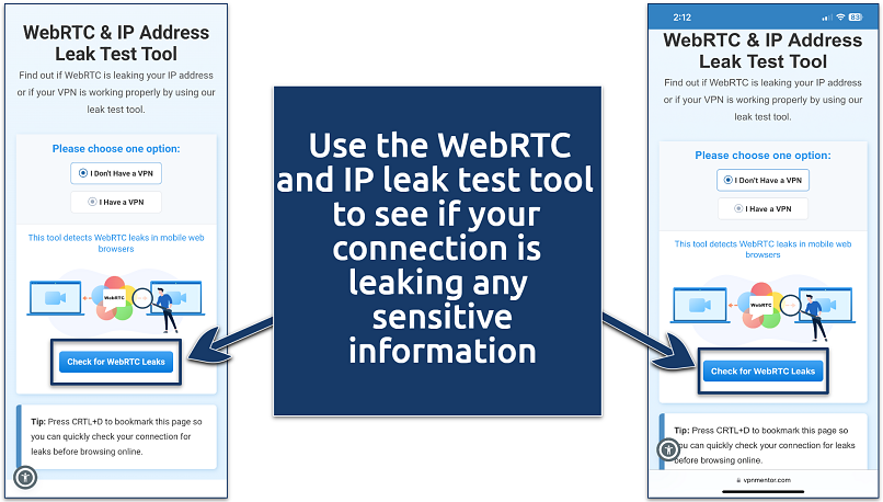 Screenshot of VpnMentor's WebRTC and IP address leak test tool