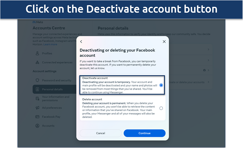 A screenshot of Facebook's deactivation Account Management page