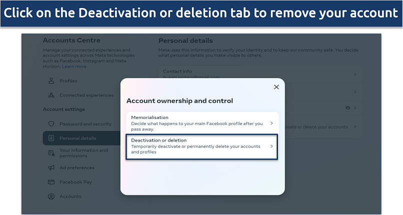 A screenshot of Facebook's Account ownership and control settings