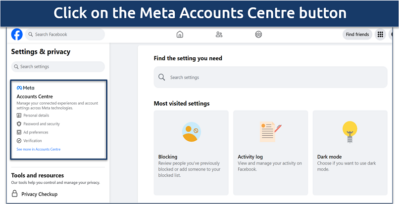 A screenshot of Facebook's Meta Accounts Centre button