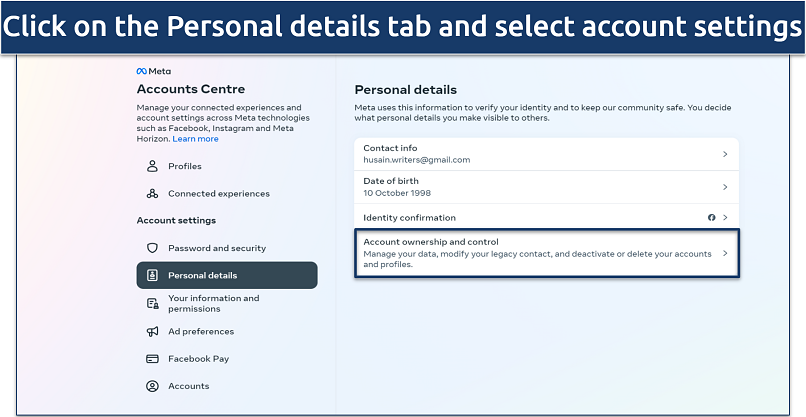 A screenshot of Facebook's Meta Accounts Centre Personal details tab