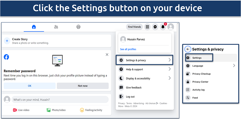 A screenshot of Facebook's settings option